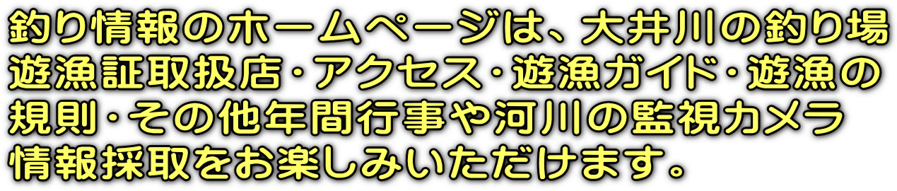 釣り情報のホームページは、大井川の釣り場 遊漁証取扱店・アクセス・遊漁ガイド・遊漁の 規則・その他年間行事や河川の監視カメラ 情報採取をお楽しみいただけます。